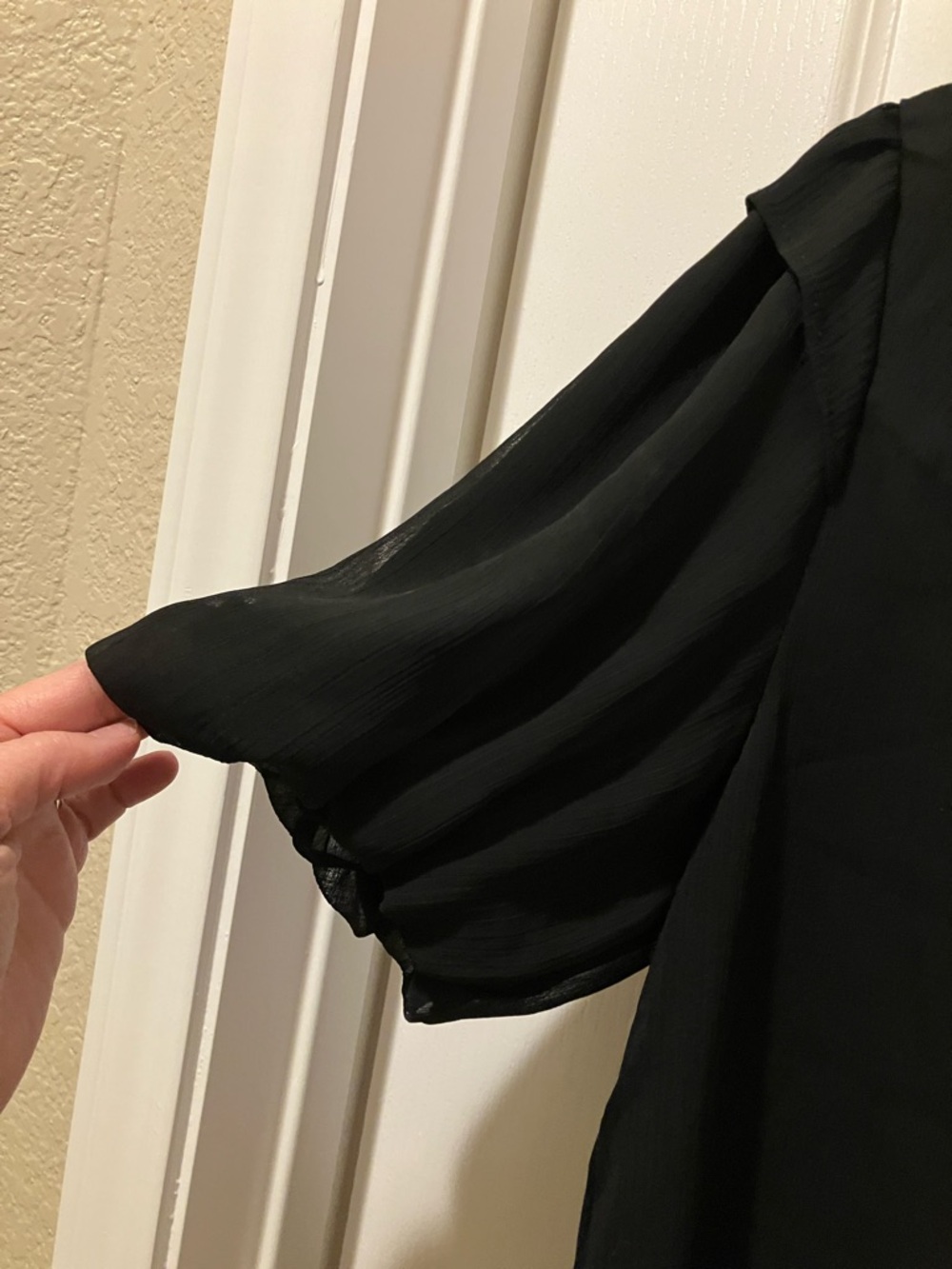 LOFT Black Short-Sleeve Sheer Ruffle-Neck Blouse - Picture 2 of 6